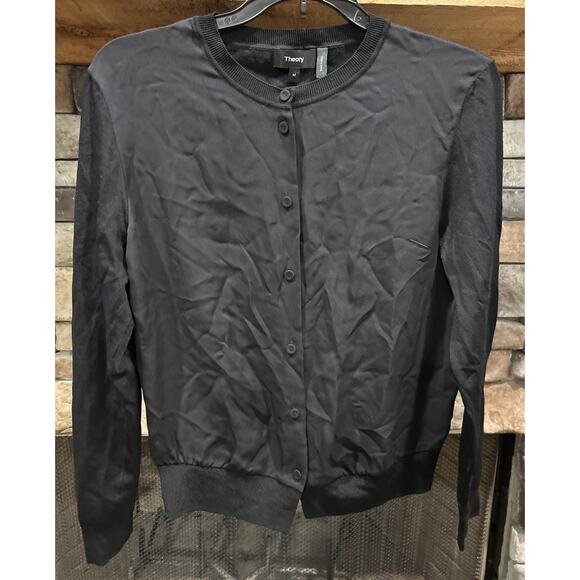 Women’s THEORY Black Button Up Silk Front Cardigan Sweater Sizer M *C6 - Picture 1 of 4